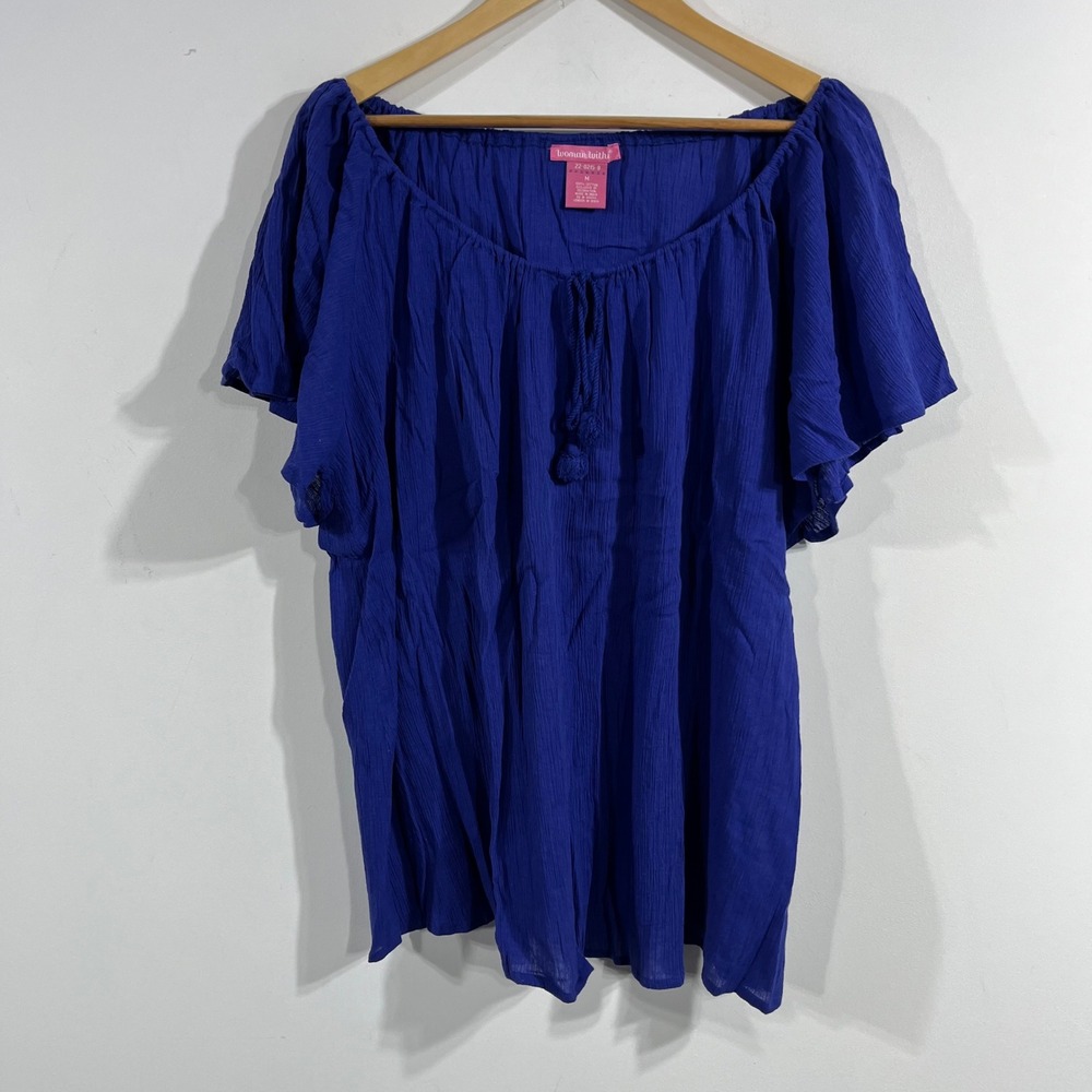 Woman Within Blue Cotton Gauze Tassel Cottagecore Top Medium Flowy Renfair